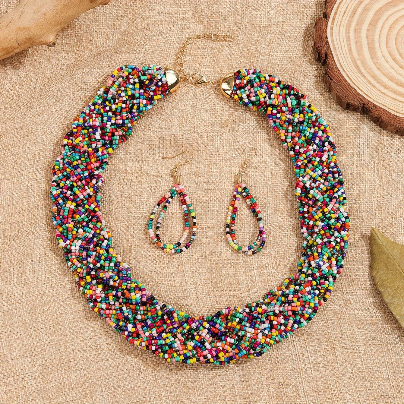TEMU 3pcs Earrings Plus Necklace Boho Style Jewelry Set 14k Golden Plated Made Of Colorful Beads Perfect Decor