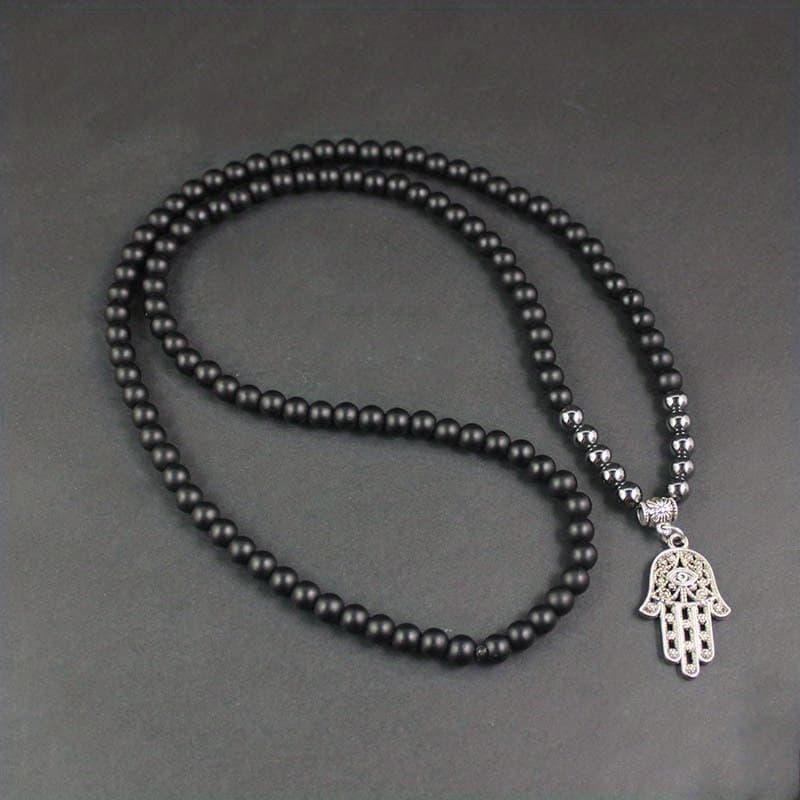 TEMU Matte Black Beaded Alloy Palm Pendant Men's Necklace