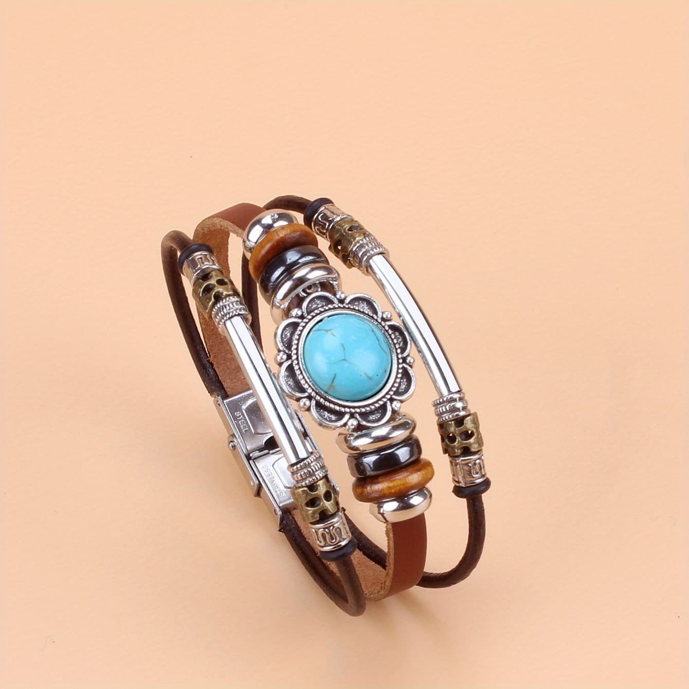 TEMU Men's And Women' Green Turquoise Beaded Real Leather Bracelet