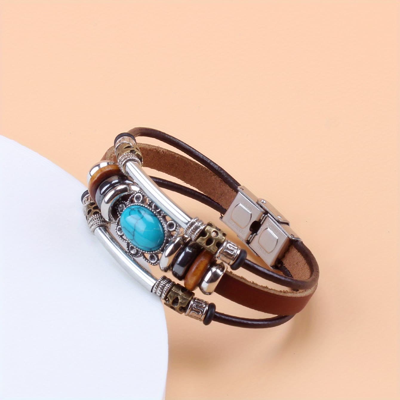 TEMU Vintage Style Green Turquoise Beaded Faux Leather Stainless Steel Bracelet, Suitable For Daily Wear