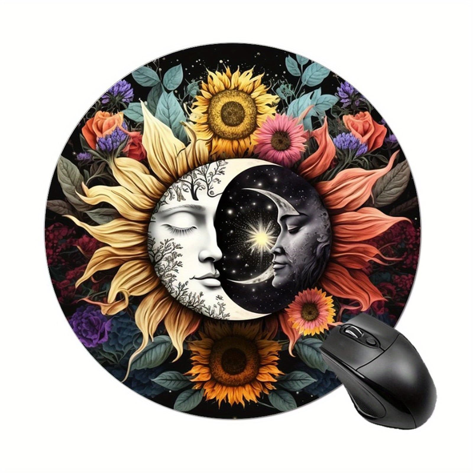 TEMU Sun And Moon Round Mouse Pad - Non-slip Rubber Base, Compact 7.87" Diameter For Use