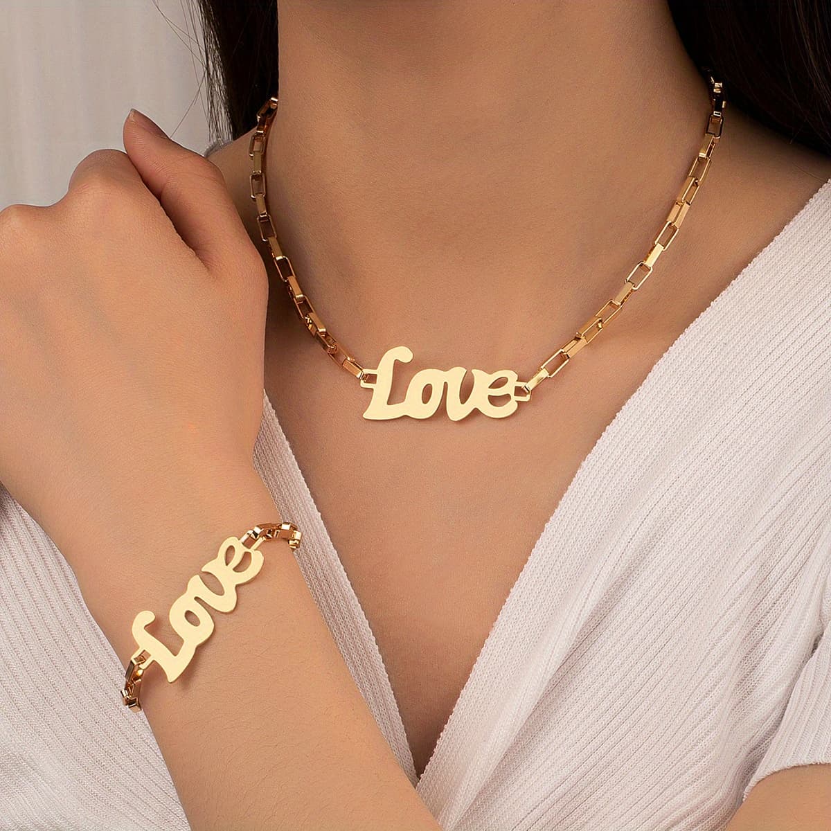TEMU A New Hollow English Love Metal Pendant Bracelet And A Necklace Minimalist Cold And Personality Creative Golden Jewelry Set