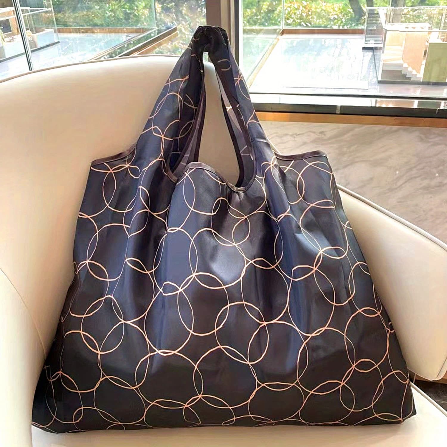 TEMU Large Capacity Nylon Tote Bag With Inner Pocket - Lightweight, Foldable, Chic Black And Print, Ideal For Shopping, Travel & Camping, Travel Bag