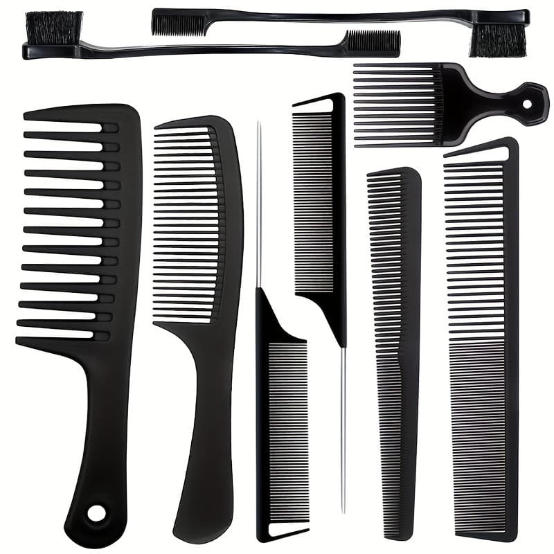 TEMU 9pcs Professional Hair Styling Comb Set For - Versatile Fine Tooth Combs In Durable Abs Plastic & Metal, Includes Detangling & Rat Tail Combs For All Hair Types