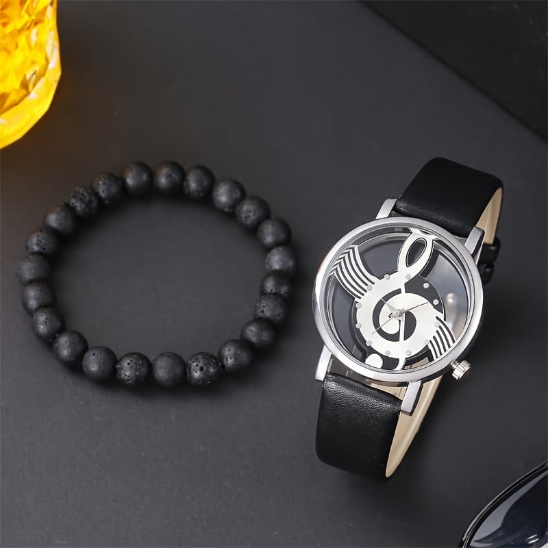 TEMU 2pcs/set Casual Music Note Quartz Watch Pu Leather Wrist Watch & Beaded Bracelet, Gift For Women Men