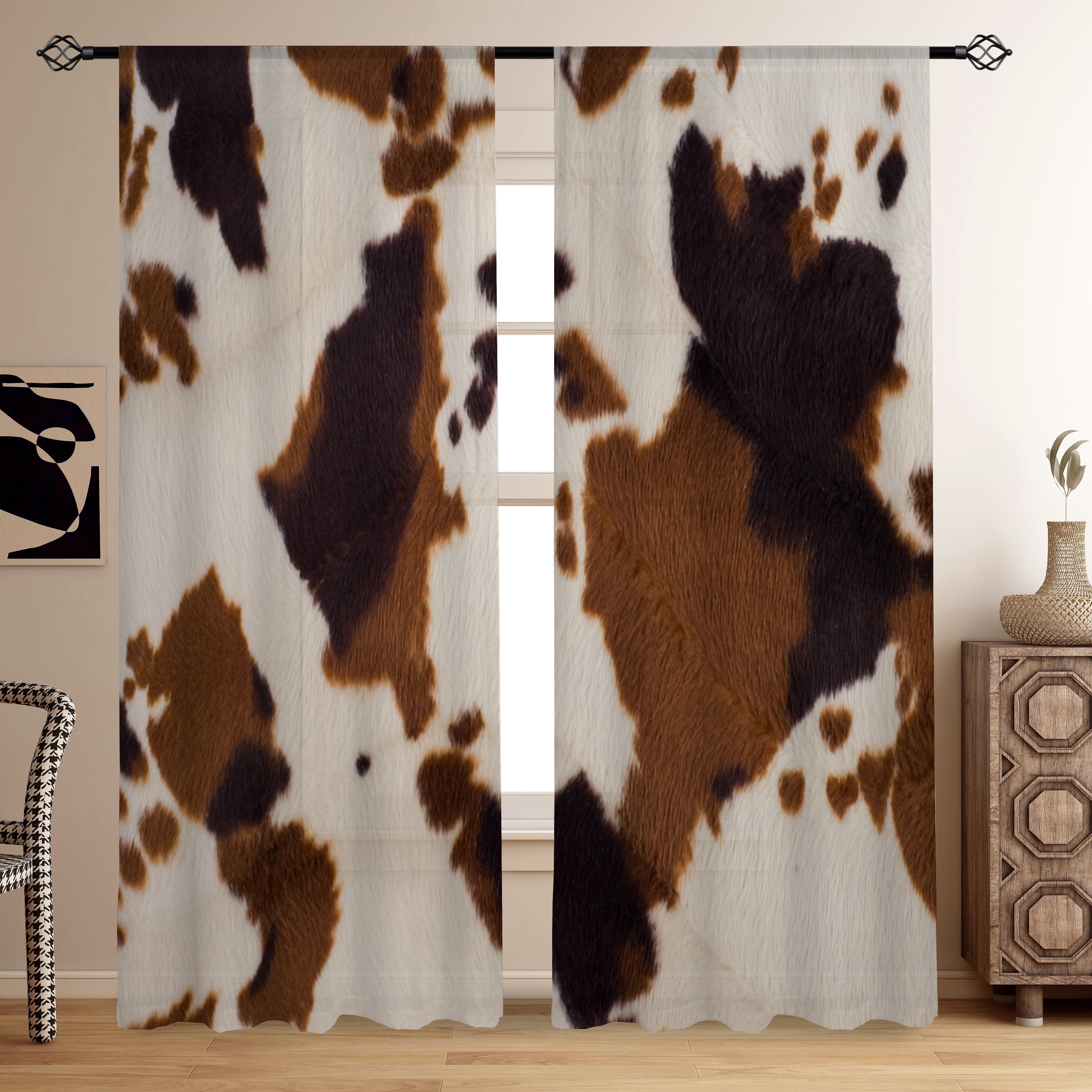 TEMU Set Of 2, Semi-transparent Curtains With Cowhide Pattern, Suitable For Living Room And Bedroom Decoration, Providing Sun Protection And Privacy