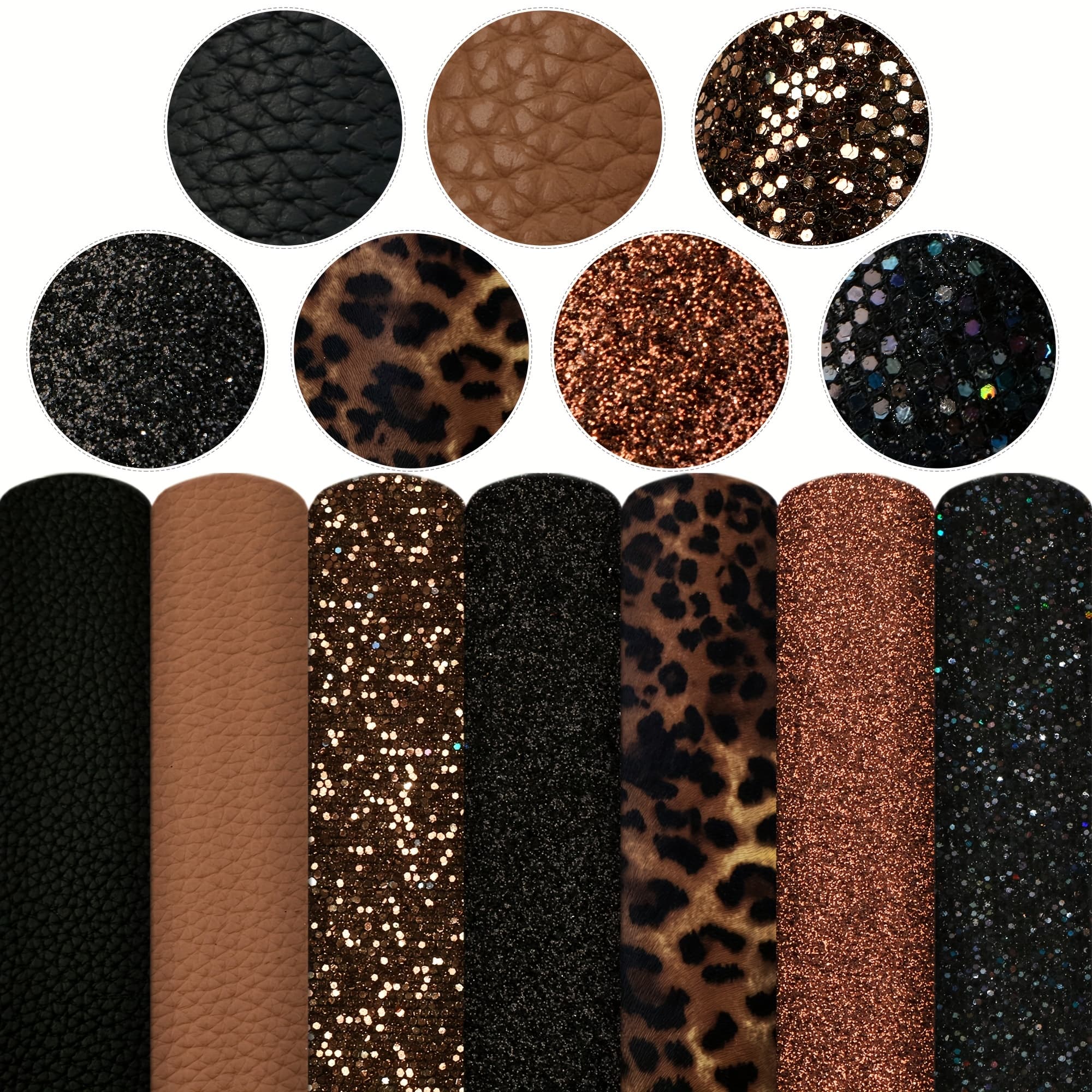 TEMU 7pcs 20x33cm Faux Leather Set Leopard Printed Synthetic Leather Fabric Sheets Shimmer Chunky Fine Glitter For Earrings Crafts Bags Projects