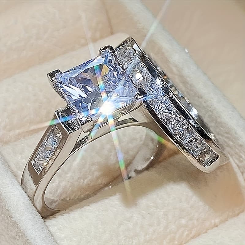 TEMU 2pcs Square Synthetic Zirconia Couple Rings Luxury Romantic Men's Proposal Rings Women's Wedding Rings Fashion Simple Rings Ladies Rings High-grade Couple Jewelry