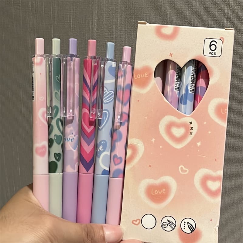 TEMU 6pcs Black Heart-shaped 0.5mm Gel Pens, High Aesthetic Minimalist Girly Click Pens, Black Quick- St Tip Carbon Ink Pens