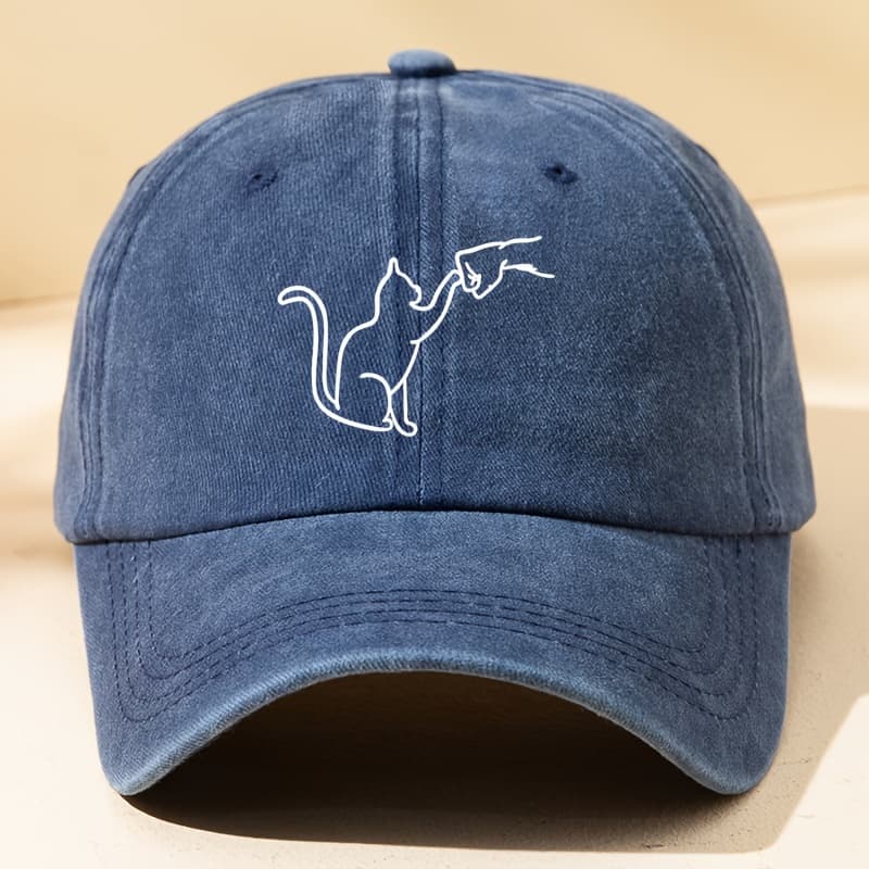 TEMU Women's Cartoon Cat Print Washed Distressed Baseball , Adjustable Polyester Breathable Sun Hat With Hook-and-loop Closure, Casual Outdoor Sports