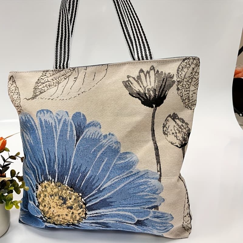 TEMU Women's Ethnic Style Blue Dandelion Embroidered Large Capacity Canvas Shoulder Bag