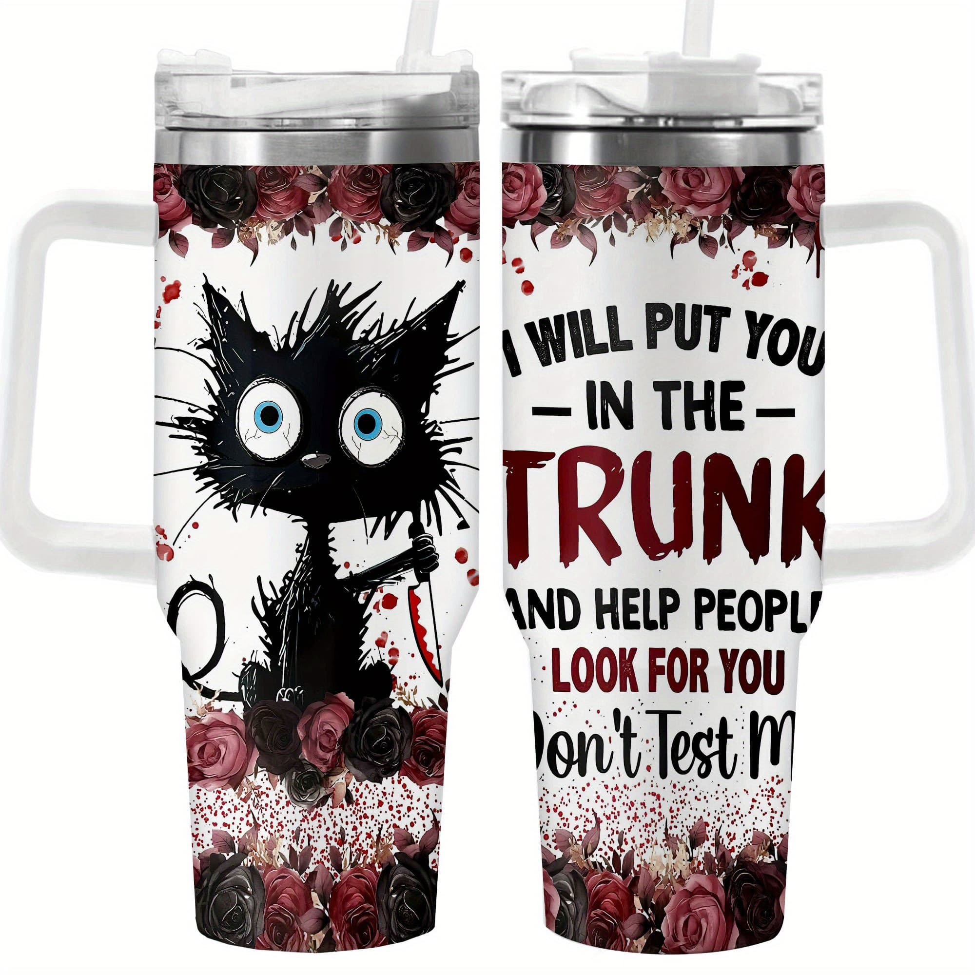 TEMU 1pc 40oz Gothic Cat And Roses Tumbler, Double Wall Vacuum Insulated Travel Mug, Spill Proof Lid, Gift For Dad, Mom, Ideal For Christmas, Day, Birthday Gift, Coffee Cup