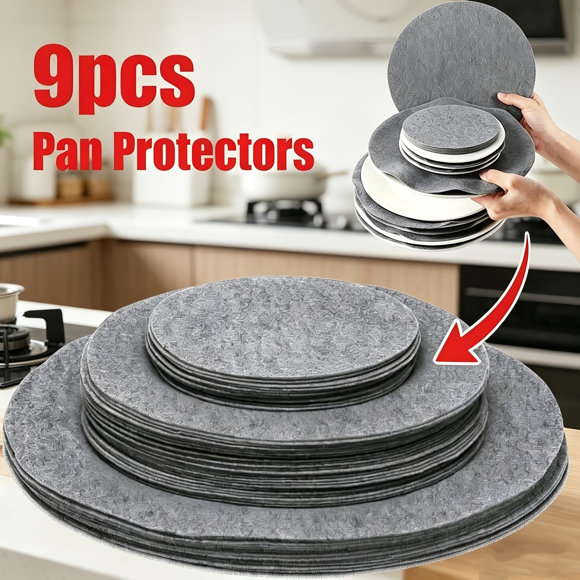 TEMU 9pcs Ceramic Pan Protector Set | Felt Divider Pads | Anti-slip & Heat-resistant | Essential Kitchen Organizer