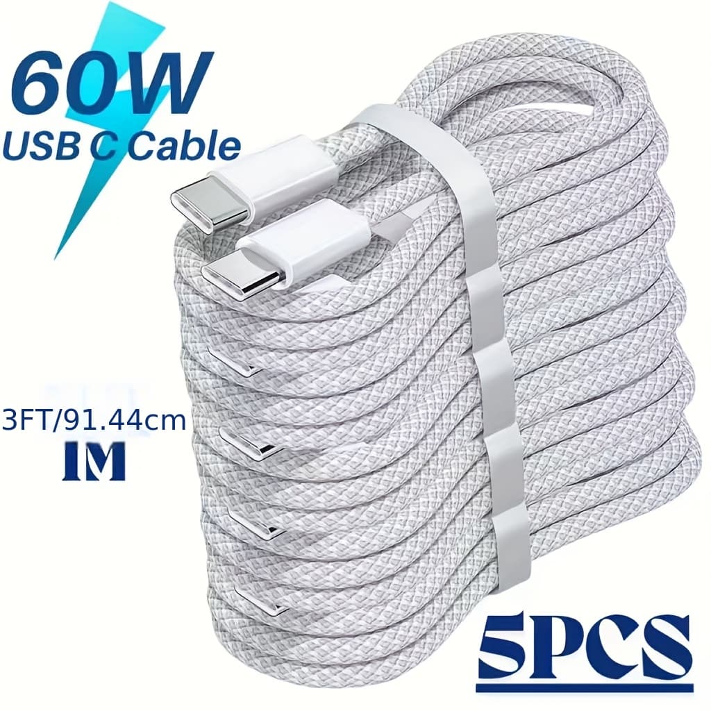 TEMU A Set Of 5 Usb-c To Usb-c Cables, 3ft In Length, Supporting 60w Fast Charging, Compatible With For 15/16 Pro, Plus, And Series. Are Durable Charging Cables, Featuring -, High-, For Users.