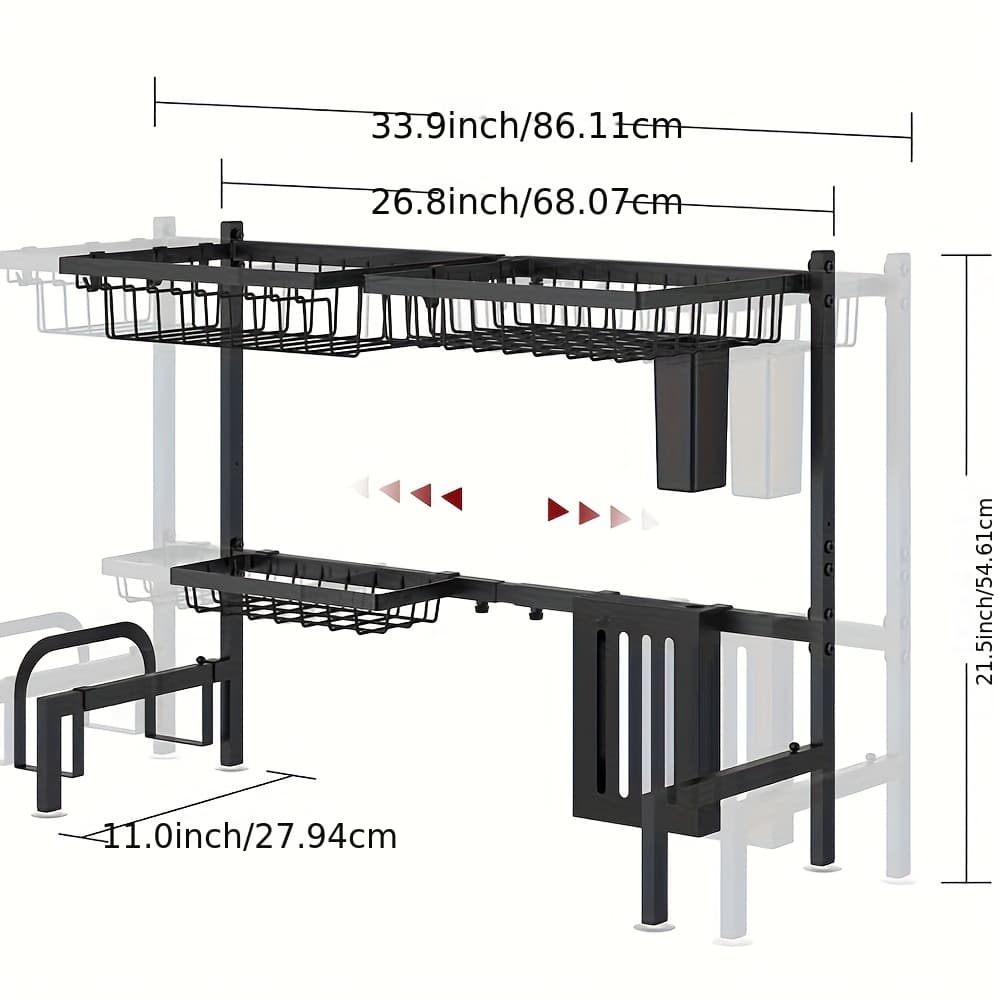 TEMU Adjustable Dish Drying Rack - Over-the-sink Stainless Steel Drainer (26.8" To 33.9" W), Large Capacity, Black, Multifunctional Kitchen Organizer.