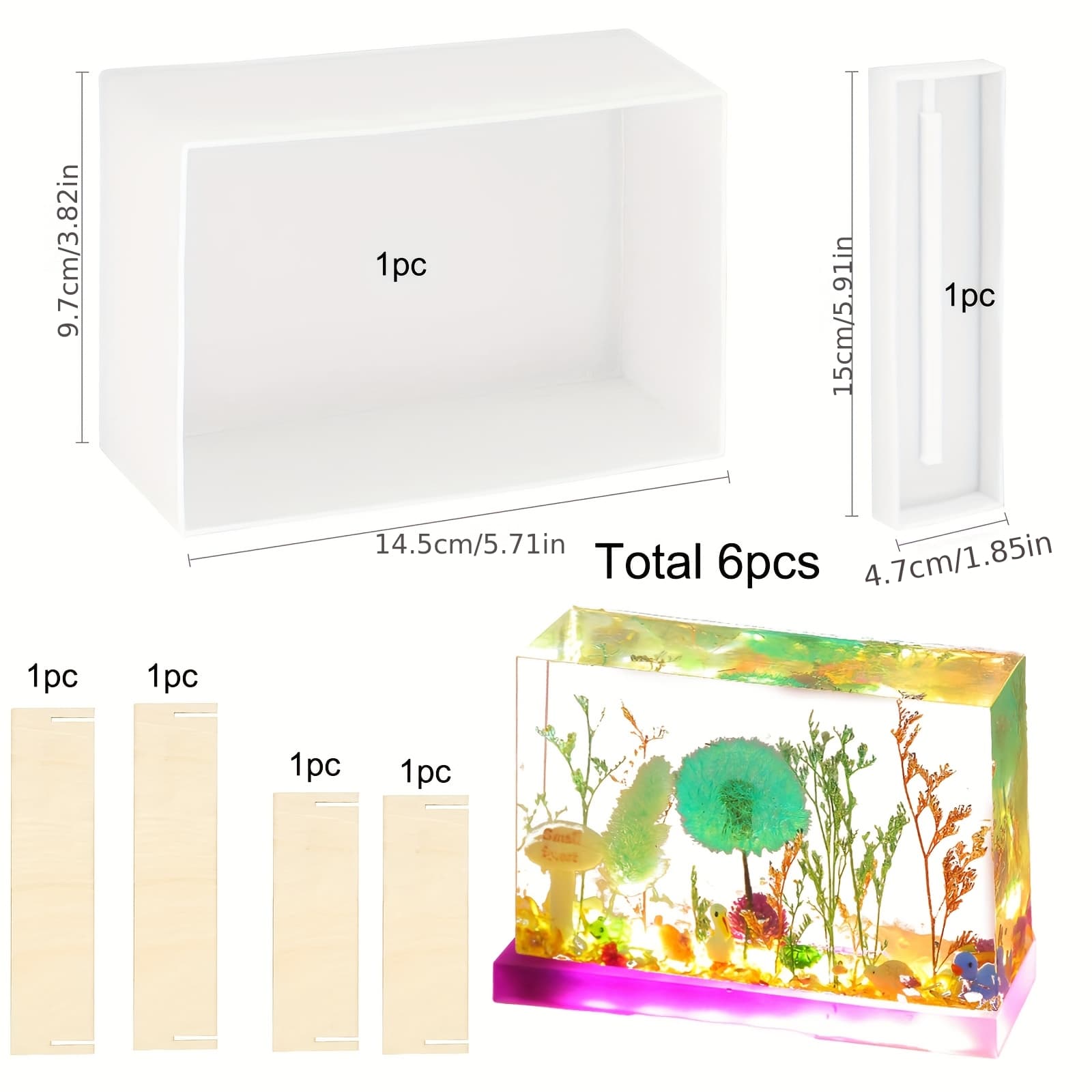 TEMU 6pcs Rectangular Night Light Silicone Mold Kit - 1pc Square Silicone Mold + 1pc Base Silicone Mold + 4pcs Wooden Stands, Epoxy Resin Mold For Night Lights, Home Decoration