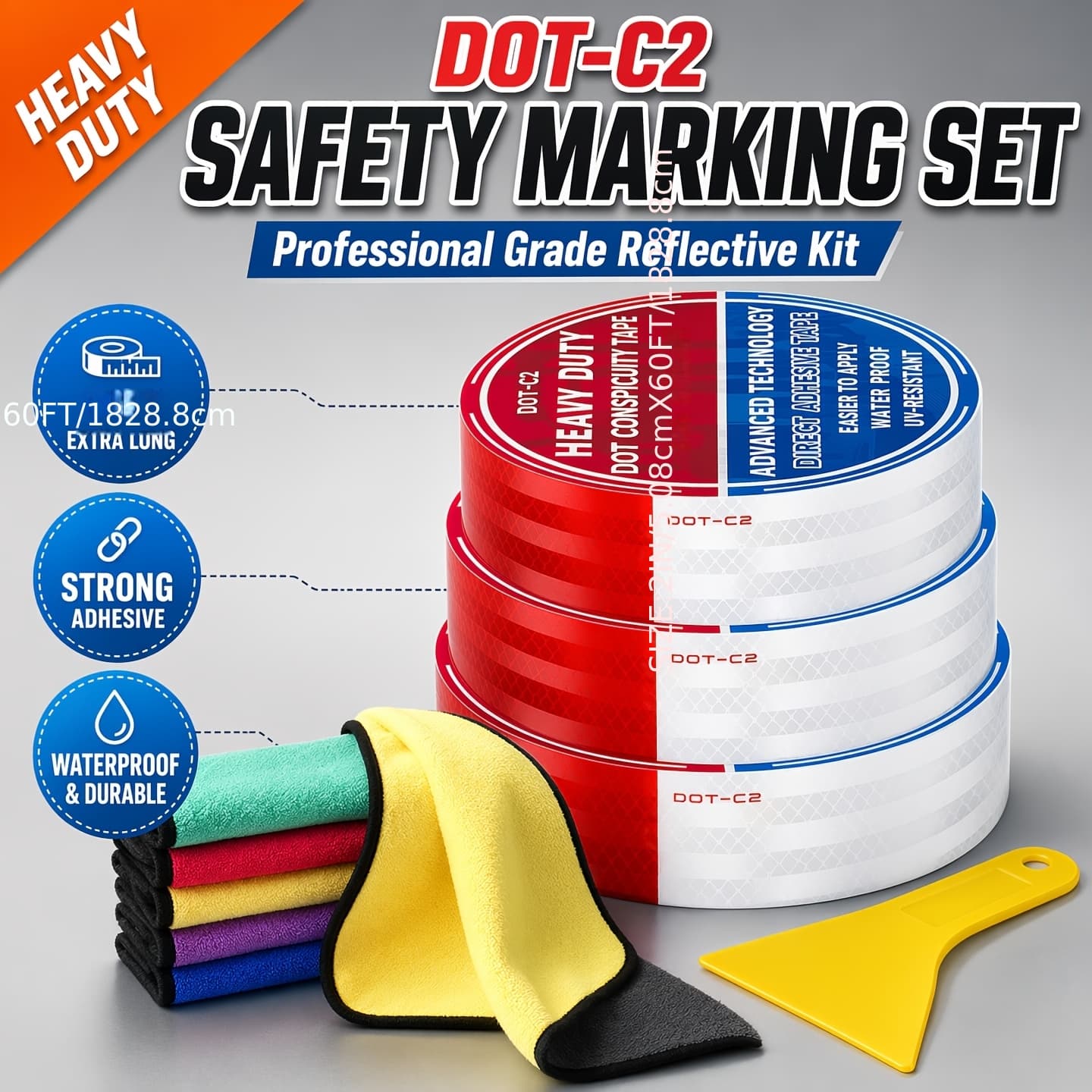 TEMU Dot-c2 Red White Reflective Tape 2"x60ft, Self-adhesive Safety Strips-1roll-3rolls