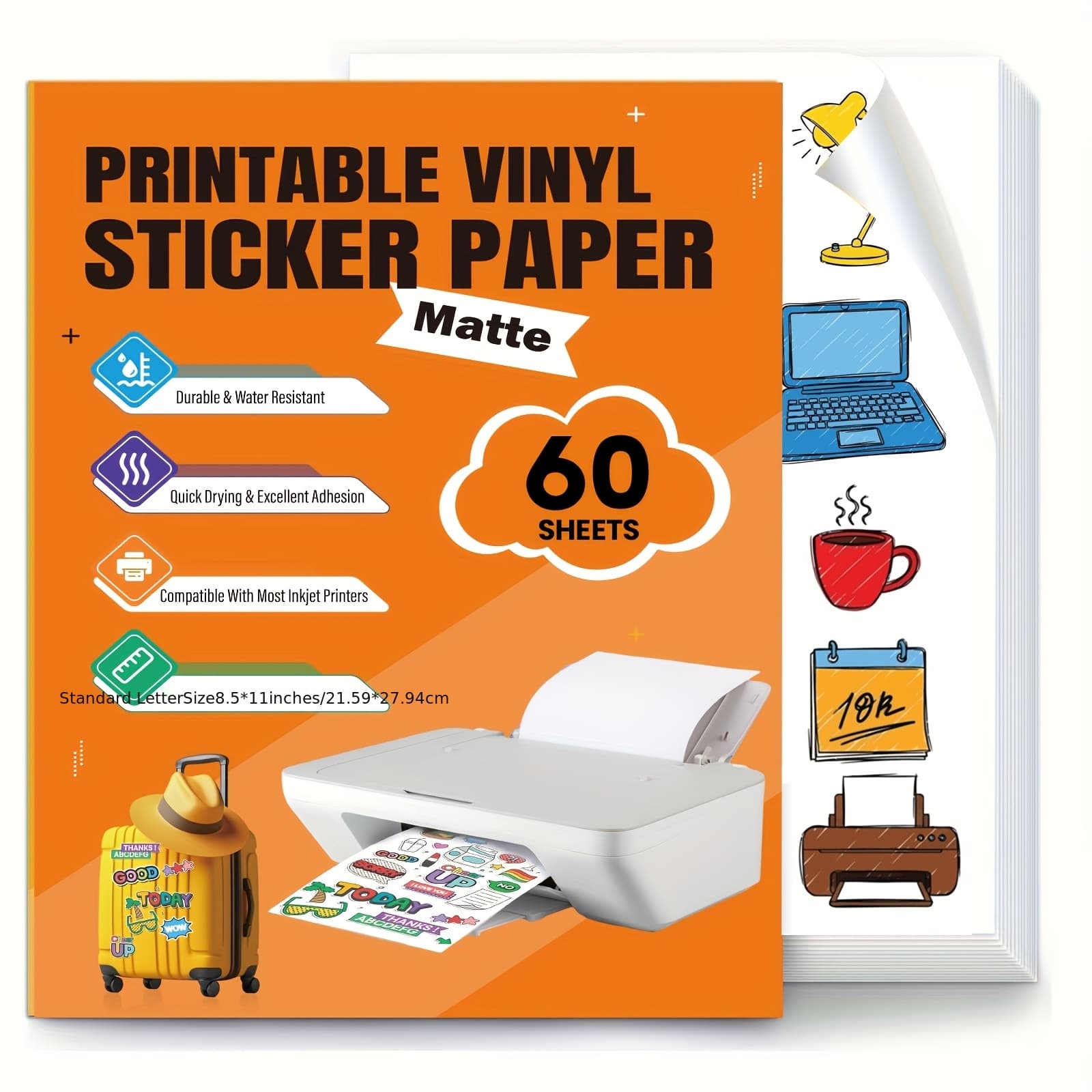 TEMU Printable Vinyl Sticker Paper -decal Paper For Inkjet Printer -60 Self-adhesive Sheets -standard Letter Size 8.5"x11"(matte White)
