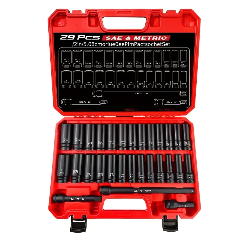 TEMU 1/2" Drive Impact Socket Set 29pcs, -m Steel Deep Socket Sae (3/8" - 1") & Metric (10-24mm) Sizes, With Extension Bar Come With Storage Case