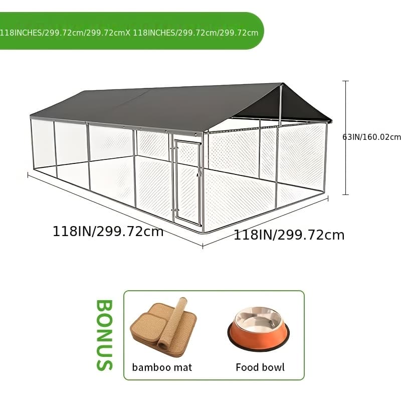 TEMU 118inx118in/79inx79inrpz Heavy Duty Outdoor Dog Kennel With Roof - Galvanized Steel Fence Playpen, Locks Large Enclosure, Includes 2 Bowls & 1 Mattress, Escape-proof, Resistant, Easy To Assemble