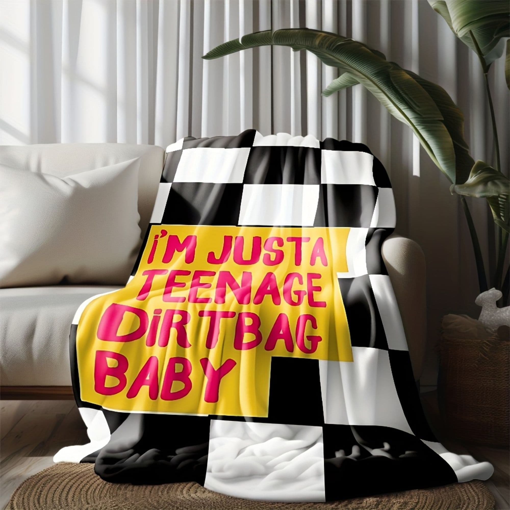 TEMU 1pc Teenage Slogan Flannel Blanket - Black & White Checkered With Pinkyellow Text, Soft Bedspread For, Camping, Sofa & Gifts (machine Washable) - Funny Teen Room Decor, Duvet