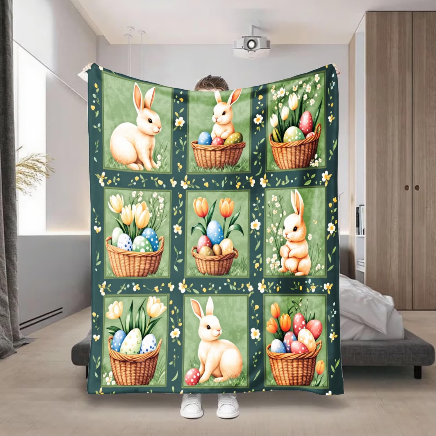 TEMU Easter Bunny And Tulip Floral Printed Quilted Blanket - A Soft And Cozy Fleece Blanket Suitable For Sofas, Beds, Cars, Offices, Camping, And Travel - A Warm Gift For All , In Multiple Colors