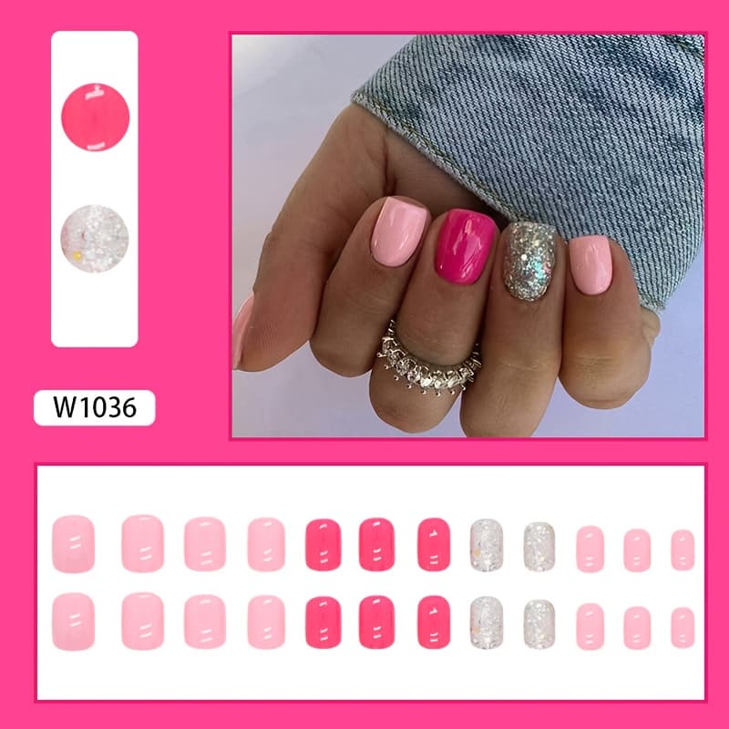 TEMU Short Pink White Rose-red Solid Color Flashy Nails, Western Sweet Pre-made Nails 24pcs Practice Nails