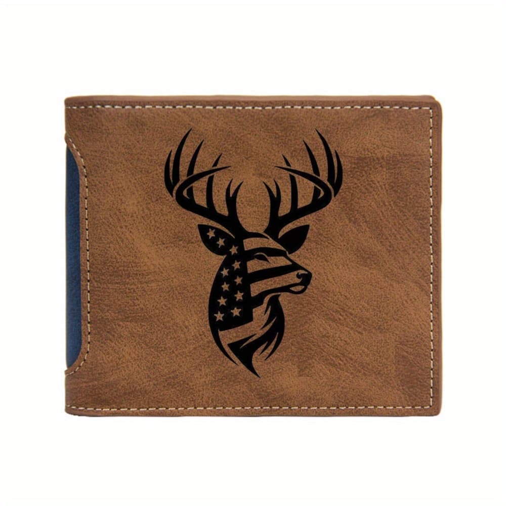 TEMU 1pc Faux Leather Brown Deer Head With American Flag Print Wallet Men's Casual Everyday Use Christmas Gift
