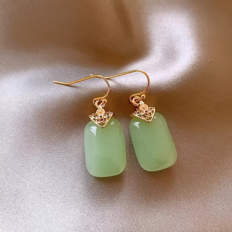 TEMU Elegant Green Jade Drop Earrings With Golden-tone Accents – Chic Square Design, Cheongsam Or Casual Attire, Valentine's Day Gift, , Cheongsam Jewelry | Elegant Earrings | Synthetic Jade Earrings