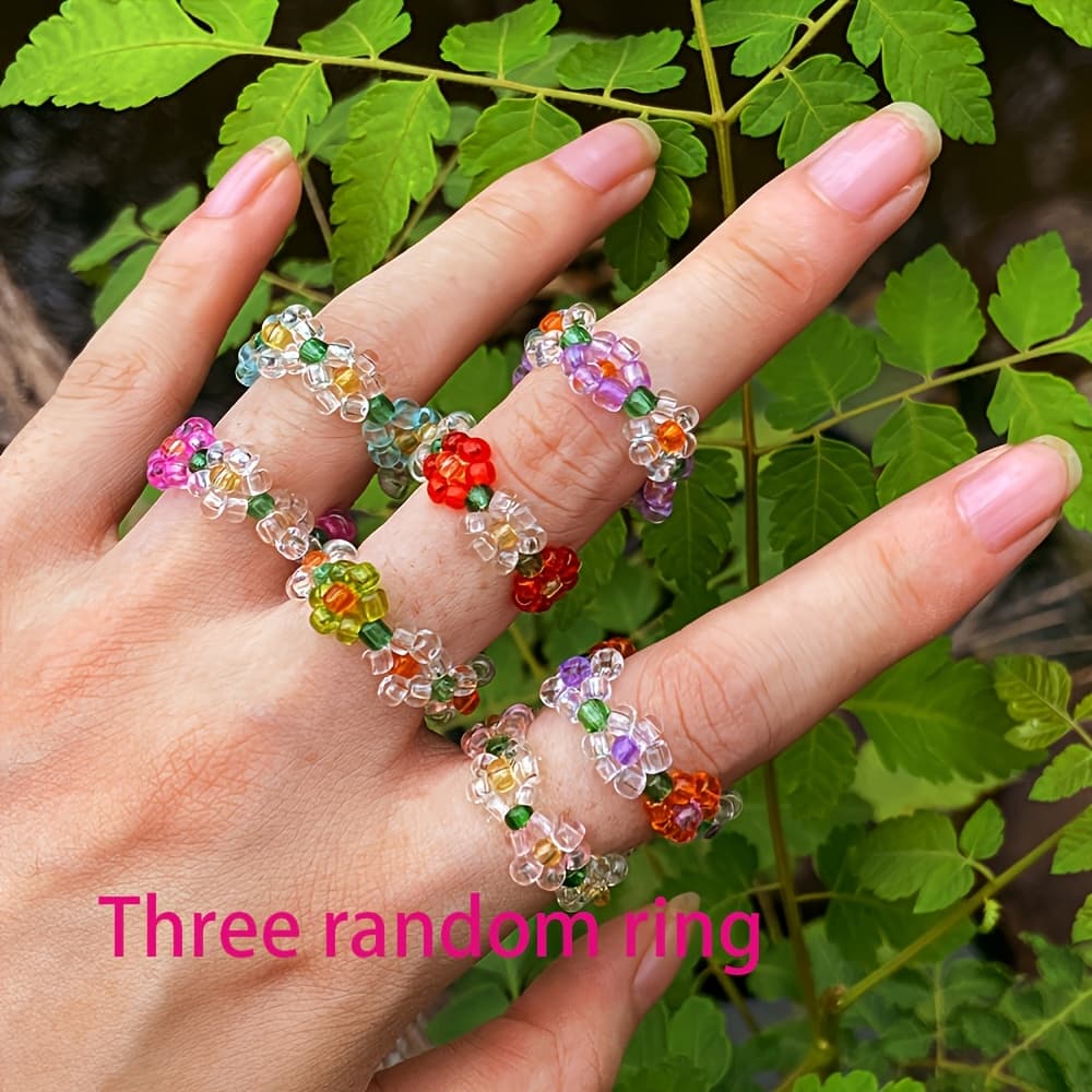 TEMU Random 3pcs Fashion Bead Elastic Rings Candy-colored Rings