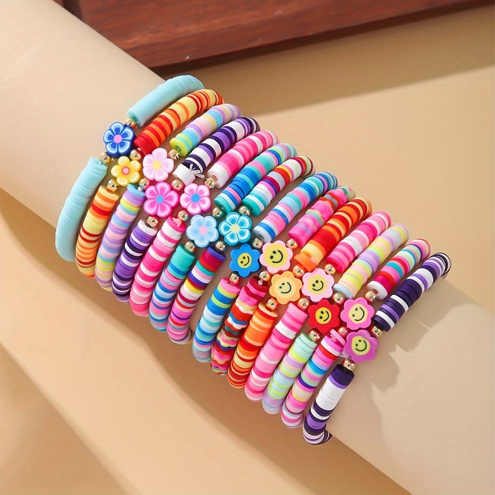 TEMU A 14pcs Elegant Sunflower Multi-layered Colorful Soft Clay Elastic Bracelet Set, Perfect For Women To Wear During Casual Vacations Or As A Gift For