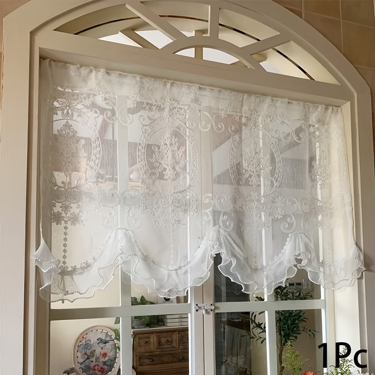 TEMU 1pc Luxury Pearl Trim Exquisite Lace Window Scarf