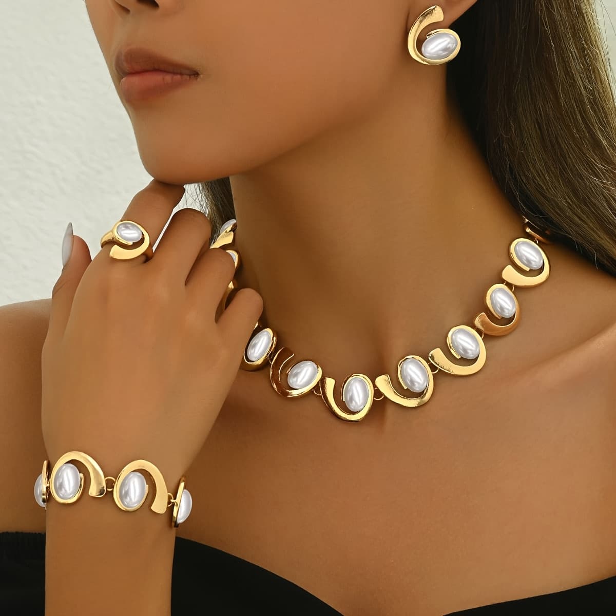 TEMU 5pcs Women's Elegant Retro Acrylic Set - Multi-geometric Spiral Inlaid Necklace, Bracelet, Earrings & Ring For Daily Wear, Gift Suitable For , Wedding, Party, Office - Neutral-tone Multi-