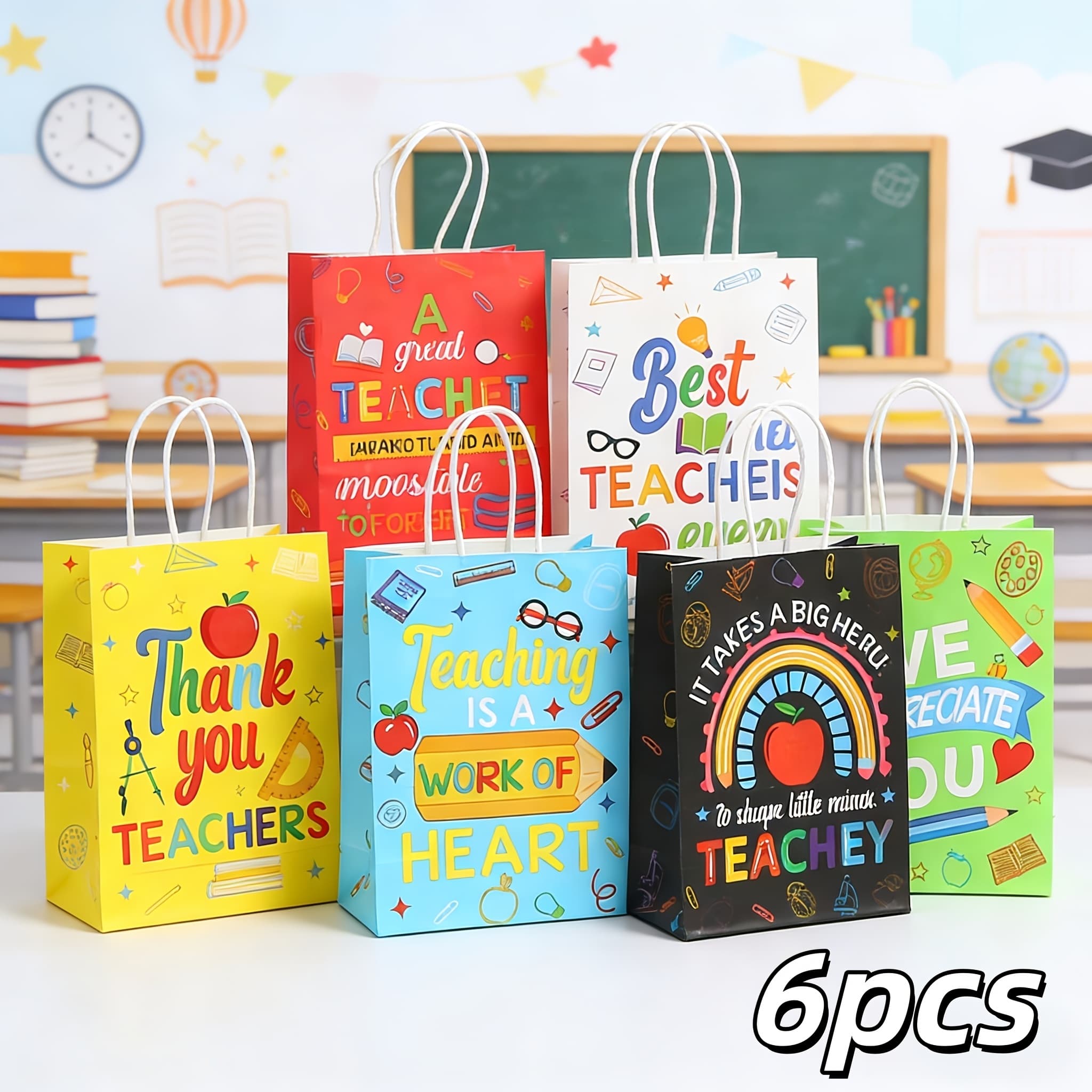 TEMU 6pcs, Teacher's Day Gift Paper Bags, Colorful Back-to- Gift Bags, 6--to- Gift Bags, Teacher Stationery Party Souvenir Handbags, Thank You Gift Packaging Bags With Handles, Handbags