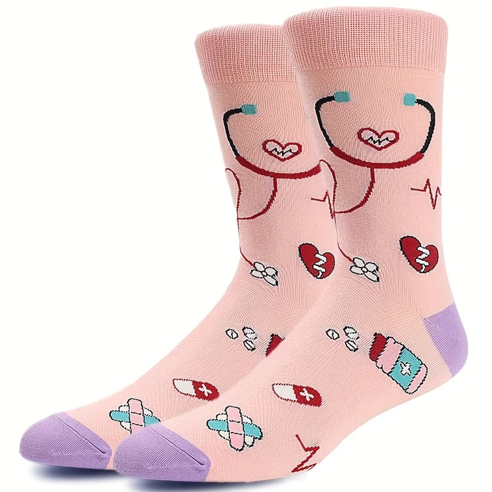 TEMU 1 Pair Women's Doctor Nurse Stethoscope Mid-calf Socks Plus Size Soft Comfortable Sweat-absorbent Nurse Day Gift Long Socks