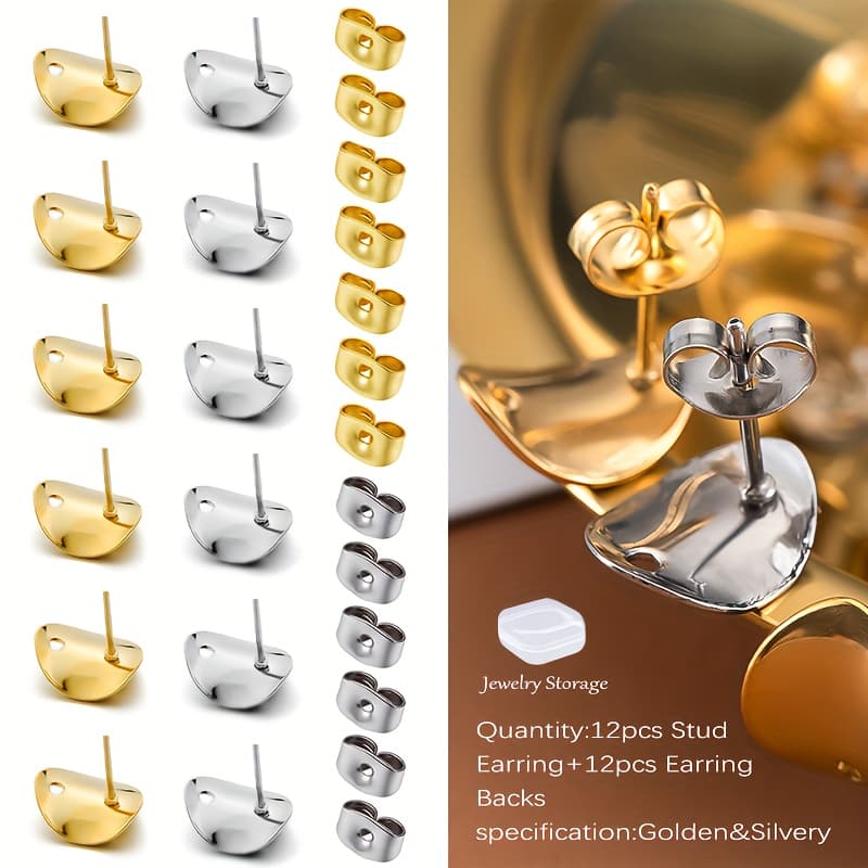 TEMU 20-24pcs Stainless Steel Curved Perforated Stud Earrings, With Ear Backs, Golden/ Silvery, Earring Additions Kit, Jewelry Making Supplies
