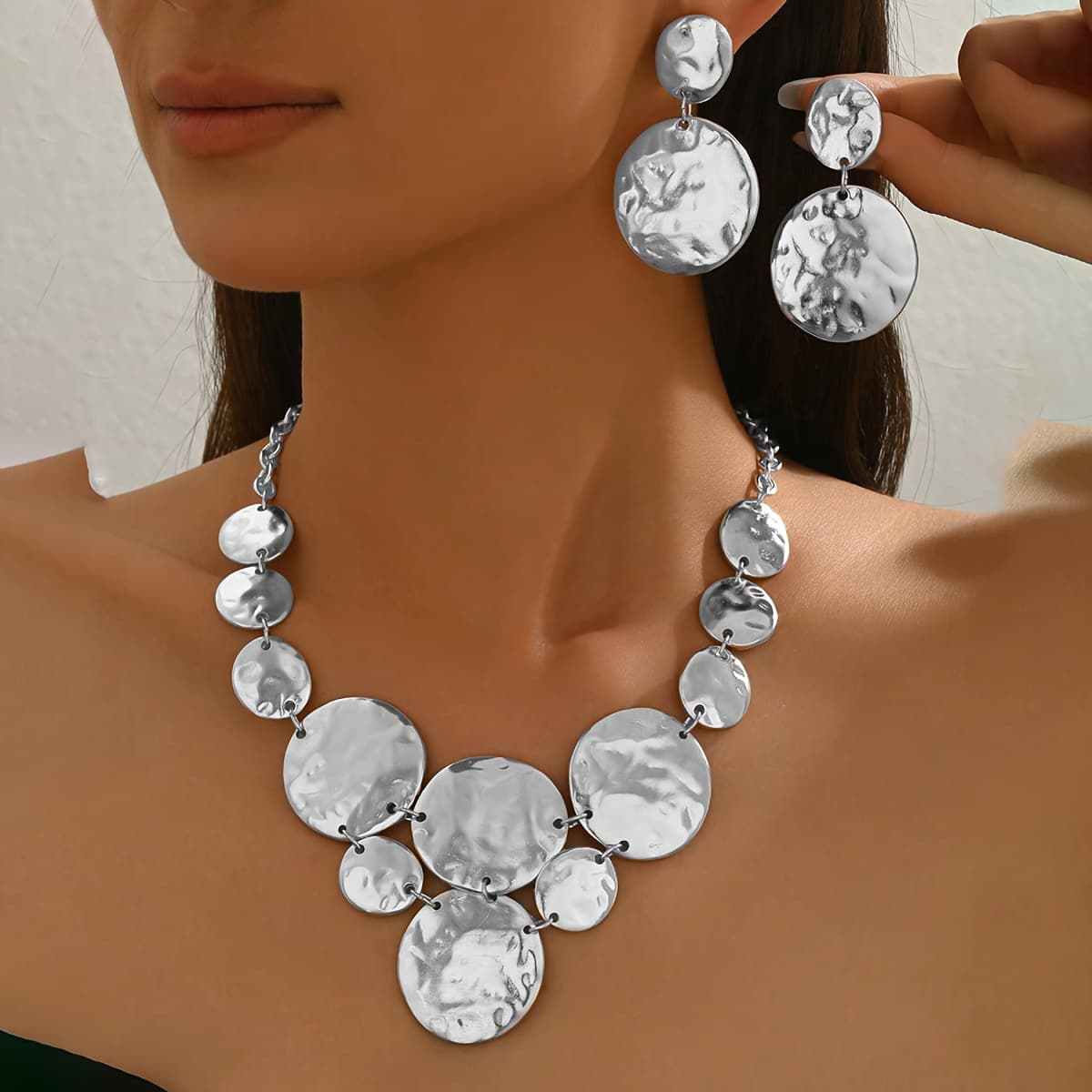 TEMU 3pcs Stylish Creative New Geometric Irregular Metal European And American Trendy Personality Casual Set Necklace With Long Tassel Earrings