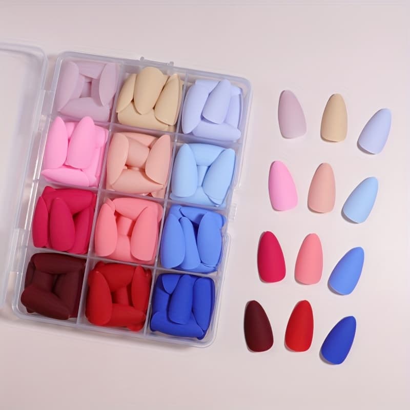 TEMU 288pcs Frosted Matte Almond Shape Press-on False Nails 12 Colors With Storage Box Jelly Glue Rubbing Strips Suitable For Daily Nail Salon