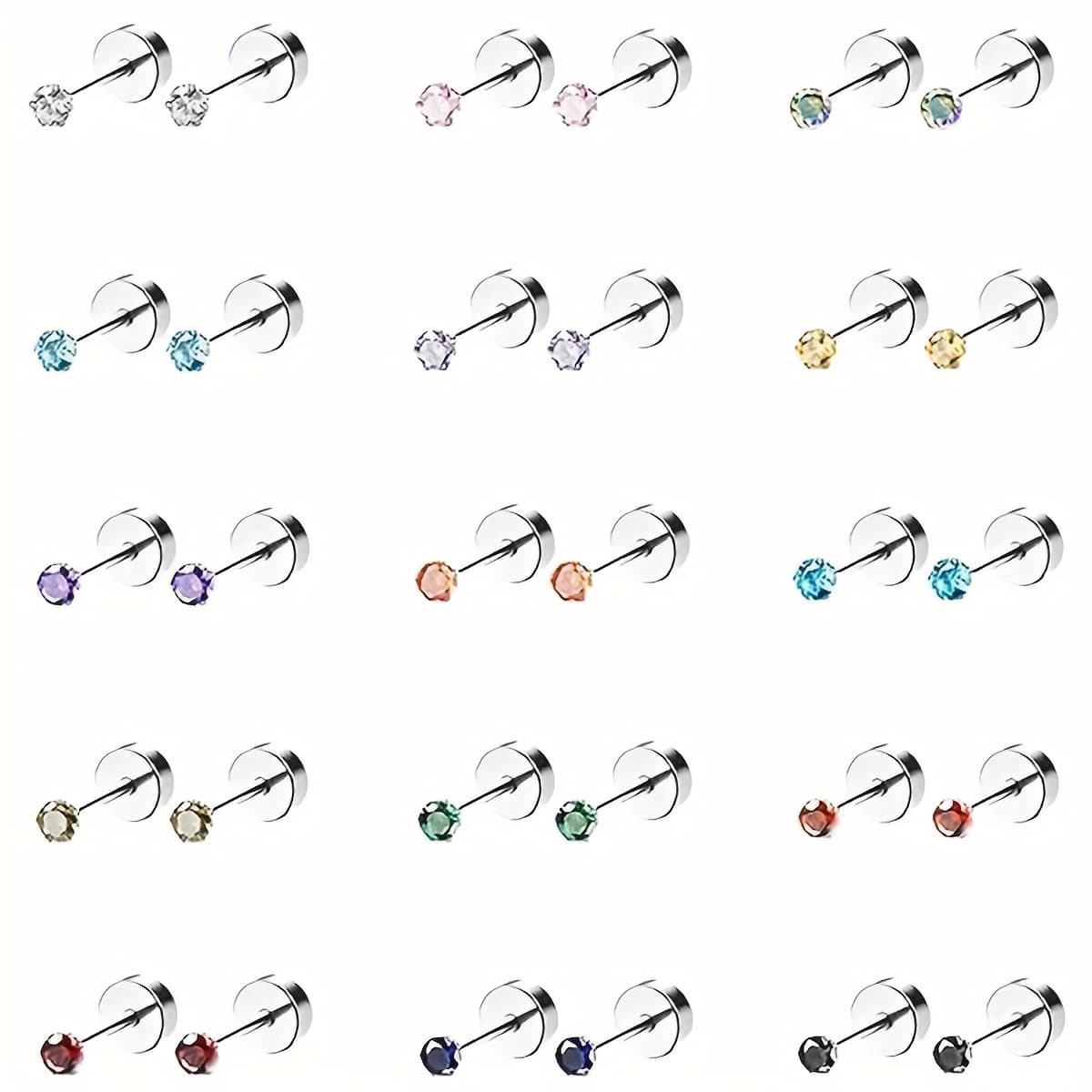TEMU 30pcs Steel Cubic Synthetic Zirconia Stud Earrings Set, Suitable For Women And Men's Cartilage Piercings, Perfect For Casual Attire