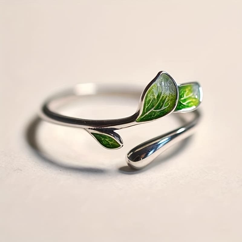 TEMU Elegant Enamel Green Leaf Ring Fashion Vine Open Adjustable Ring For Women Daily Casual Party Ring Jewelry