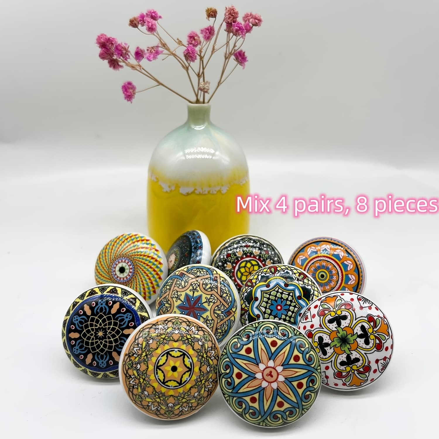 TEMU 8pcs Bohemian Style Round Ceramic Drawer Knobs – Vibrant Floral & Geometric Patterns, Cabinet And Wardrobe Door Handles With Installation Hardware Included, Knobs For Cabinets And Drawers