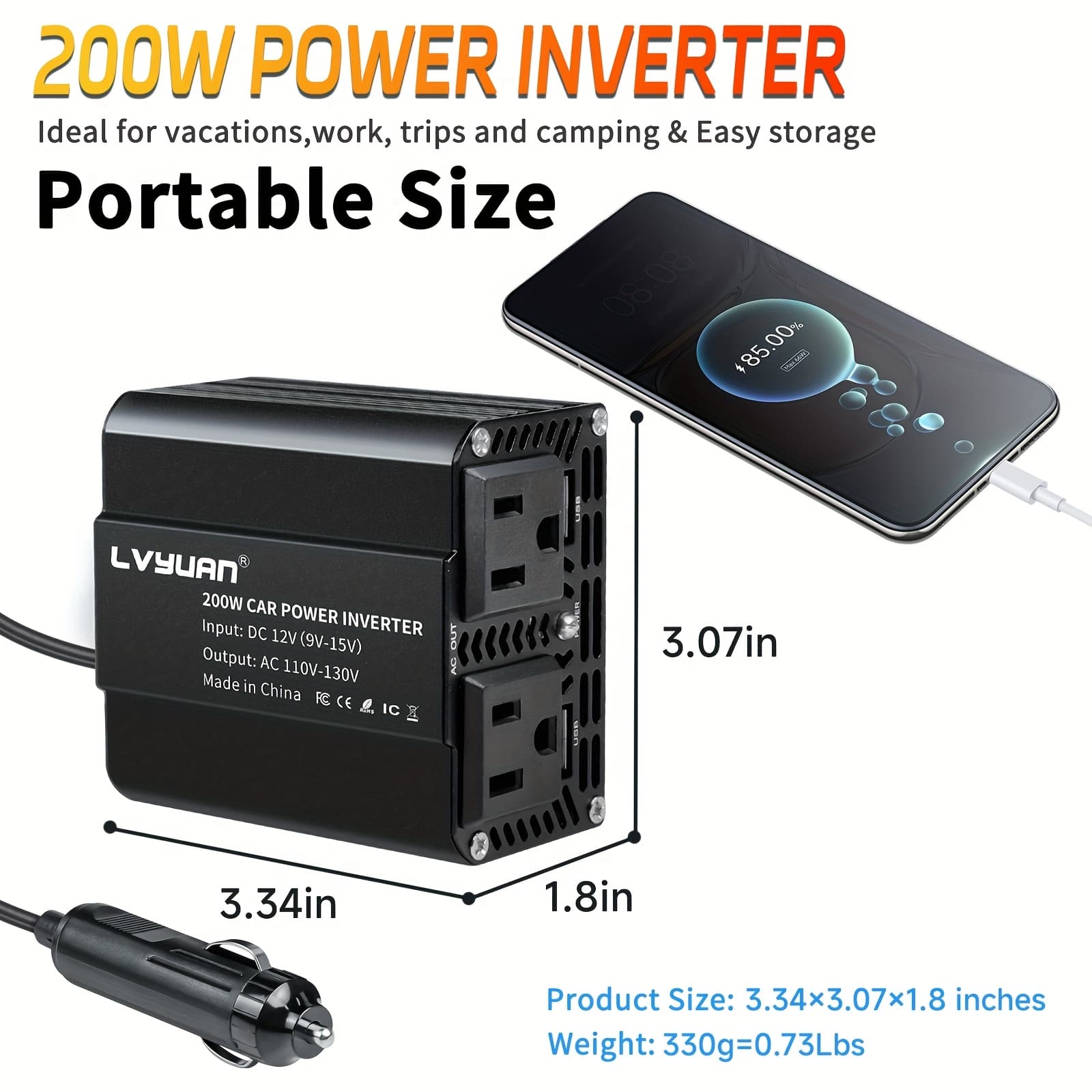 TEMU Lvyuan 200w/1000w/3000w Car Power Inverter 12v To 110v Ac Converter With Lcd Ac Outlets And Dual Usb Car Charger For Laptop Truck Boat Red