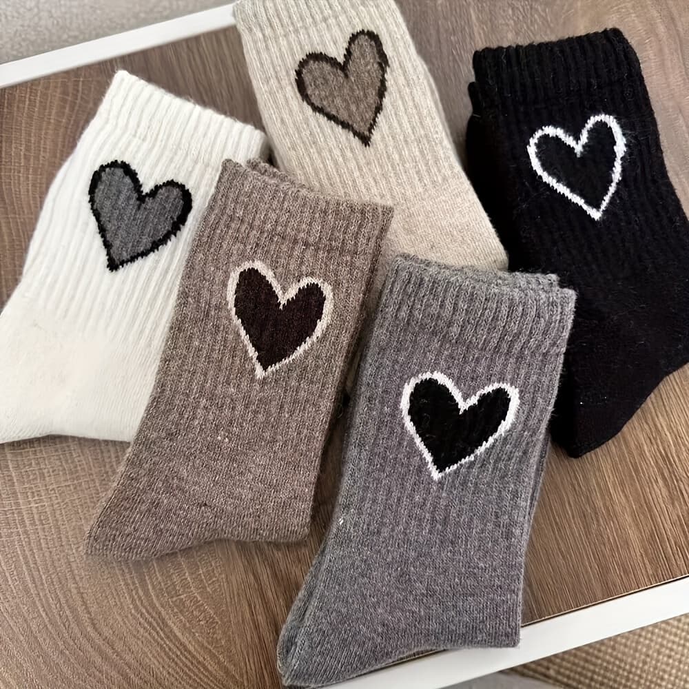 TEMU 5 Pairs Autumn Winter Solid Color Socks, Ins Trendy , Tone Heart Pattern Comfortable Mid-calf Socks