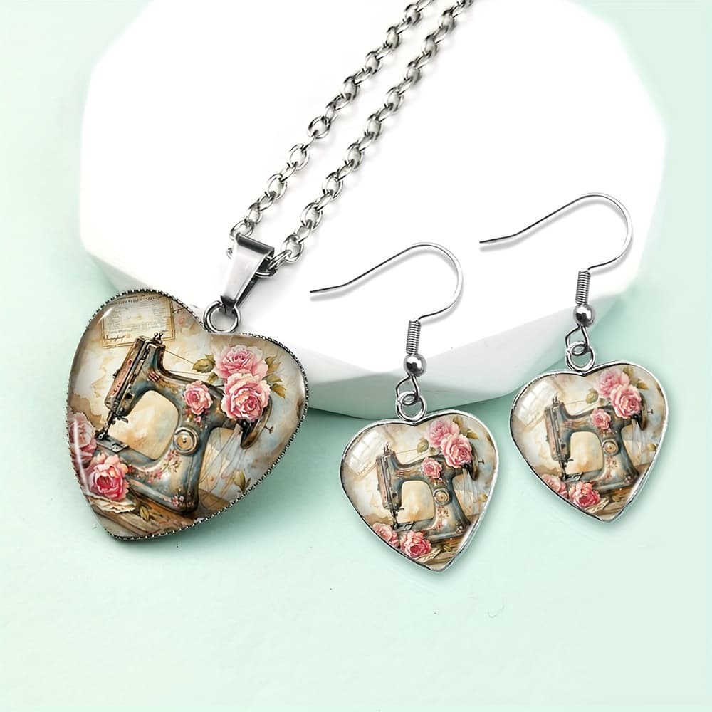 TEMU Set Of 3 Sewing Machine Heart-shaped Necklace And Earrings, Glass Jewelry Gift