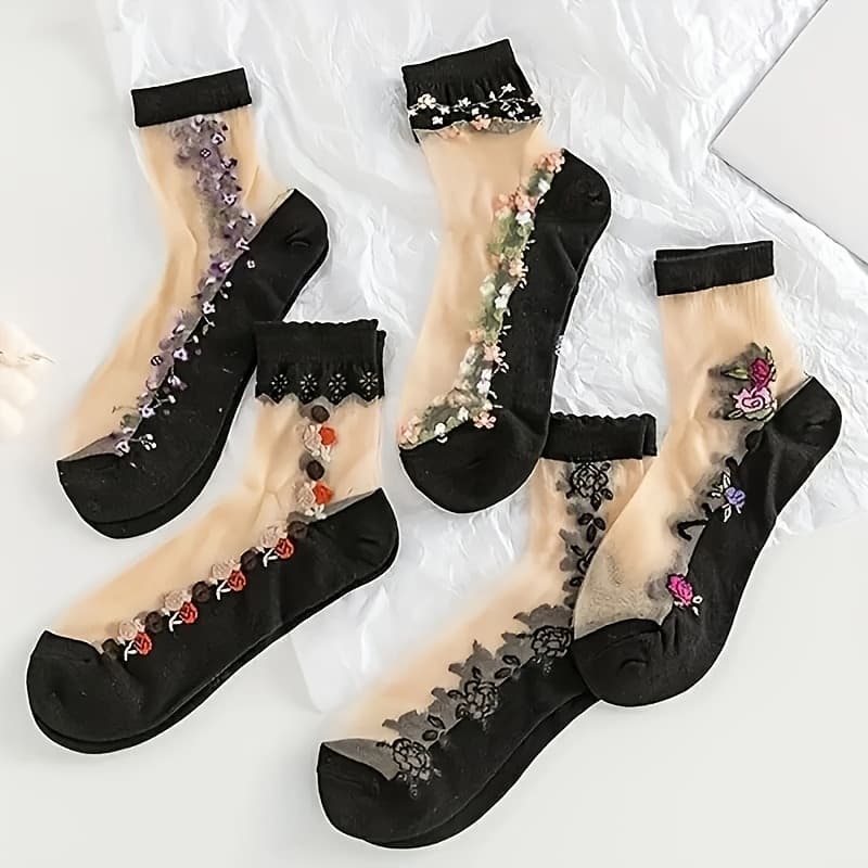 TEMU Women's Mid-tube Glass Spring And Summer Thin Fabric, Black Sock Bottom Jacquard Crystal Socks 5 Pairs