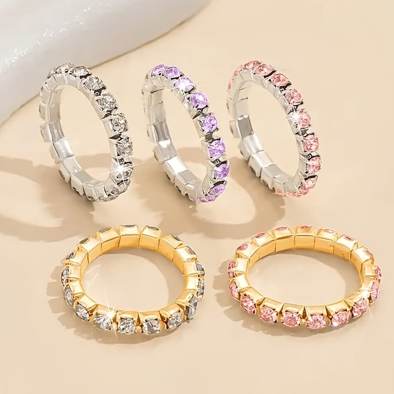 TEMU 5pcs Sparkling Elastic Ring Set, Combination Ring Multi Piece Set, Women' Ring Set