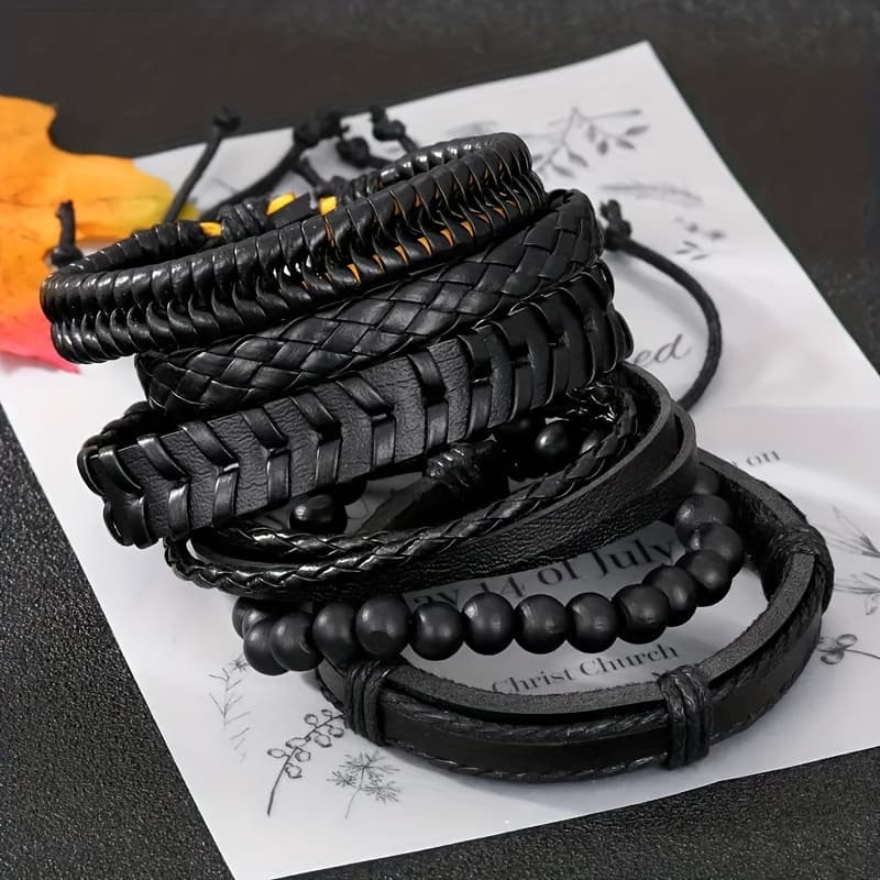 TEMU 6pcs Set Vintage Faux Leather Woven Bangle Bangle Bracelet For Men, Black Sports Wristband