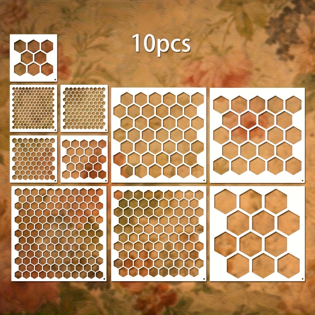 TEMU 10pcs Honeycomb Hexagon Stencil, 12x12 - Durable Plastic, Reusable, Suitable For Crafts, Scrapbooking, Card Making, Tile And Furniture Decoration, Wall And - Versatile Brown Tone Painting Pattern
