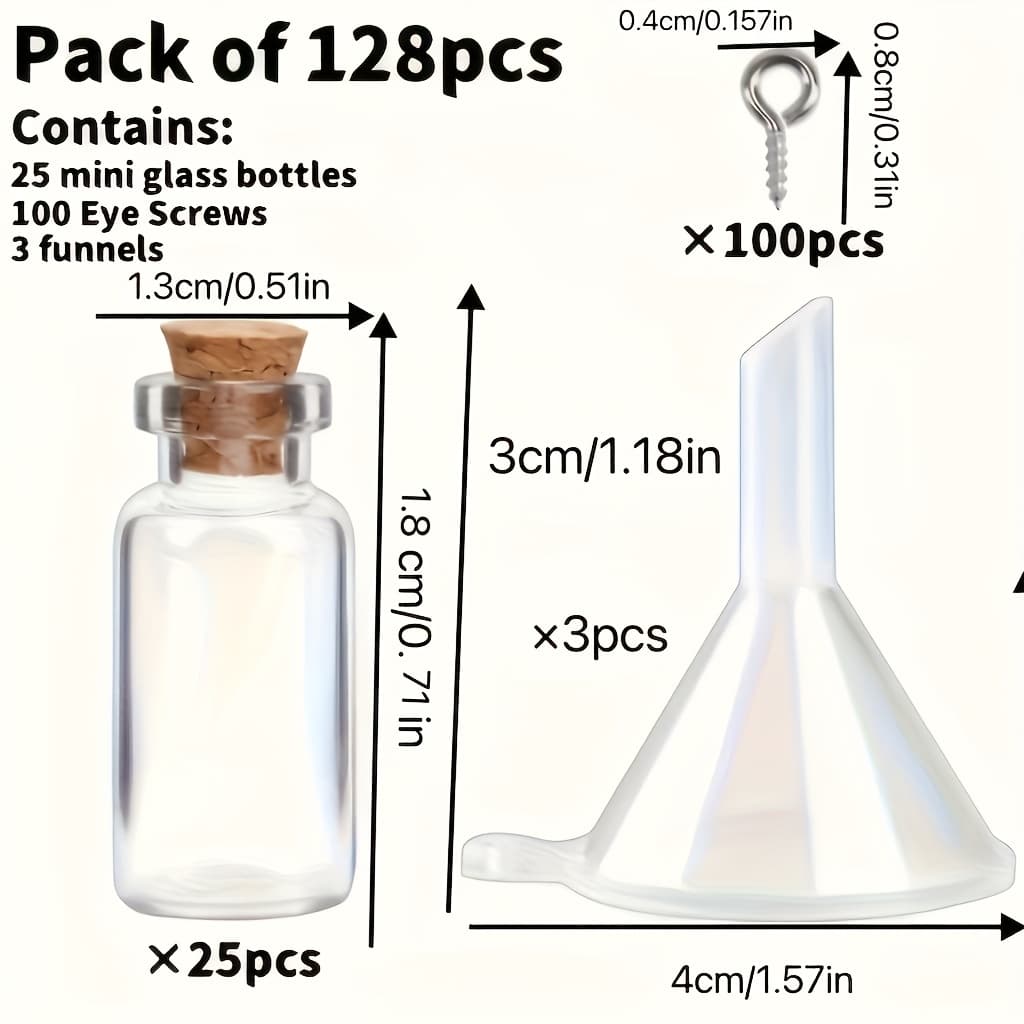 TEMU 128pcs Drift Bottle, Sheep's Eye Funnel Set, Glass, Iron, Plastic Christmas Creative Small Gift, Mini Drift Bottle, Glass With Wooden Stopper, Diy Handmade Small Pendant