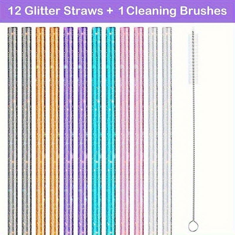 TEMU 12 Replacement Straws For 40 Oz Cups - Sparkling Glitter, Assorted Colors, Reusable 12-inch Plastic Straws With Cleaning Brush For 40 Oz Cups